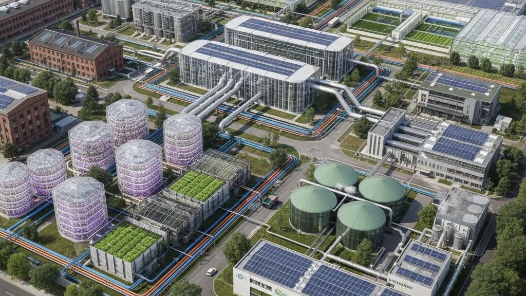 AI-generated visualisation: aerial view of a campus combining data center buildings, greenhouses, vertical-farming towers and biogas digesters